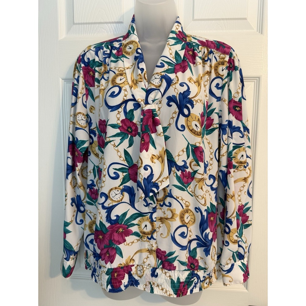 Vintage Alfred‎ Dunner Womens Floral Tie Neck Blouse Sz 10 White Retro Statement